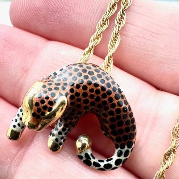 Womens Necklace 14K Gold Enamel Spotted Leopard Cougar Pendant Cheetah Cat - Picture 7 of 9